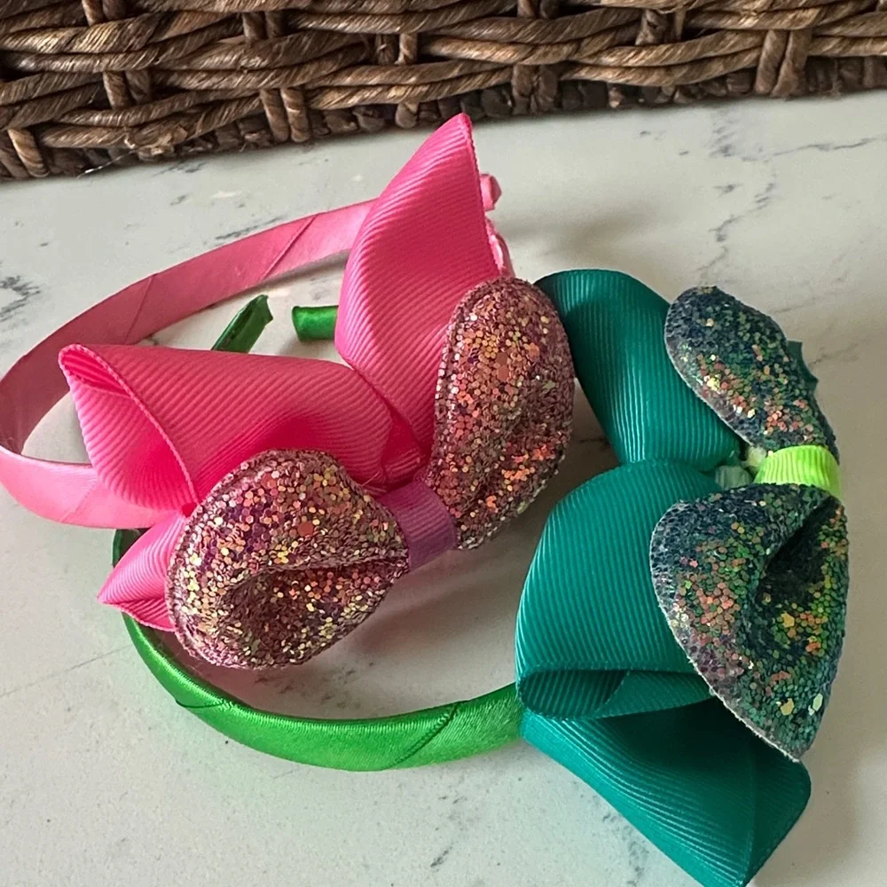 Glittery Pink and Green Bow Headbands